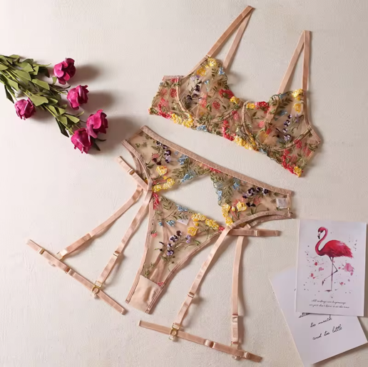 AMAYA #1 - Multi Colored Floral Embroidery Garter Lingerie Set - Nude