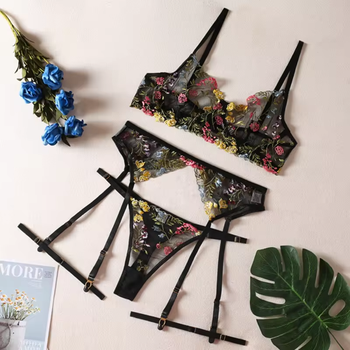 AMAYA #2 - Multi Colored Floral Embroidery Garter Lingerie Set - Black