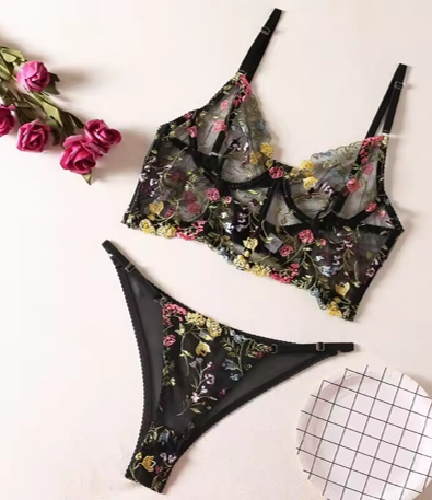 AMBER - Multi Colored Floral Embroidery Corset Lingerie Set - Black