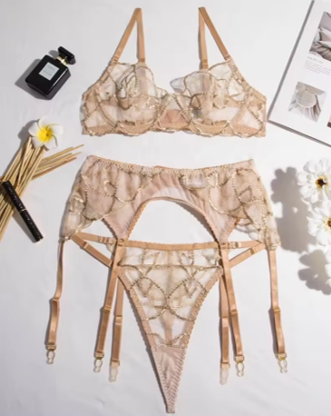 ALEXIS - Gold Embellished Sexy Lingerie Set - Sheer & Gold