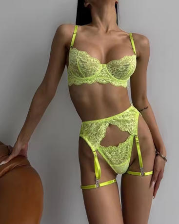 ISABELLA - Floral Embroidered Lace Garter Lingerie Set - Yellow