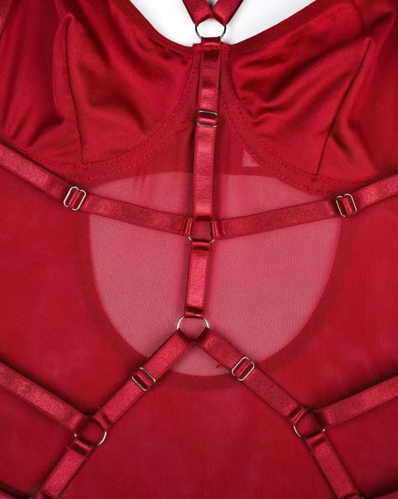 MATA HARI - Sheer Harness Bodysuit - Red