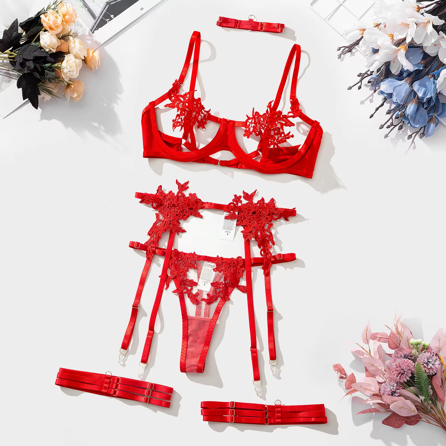 ARIA #3 - "Get It Sexy" Floral Embroidery Lingerie Set - Royal Blue